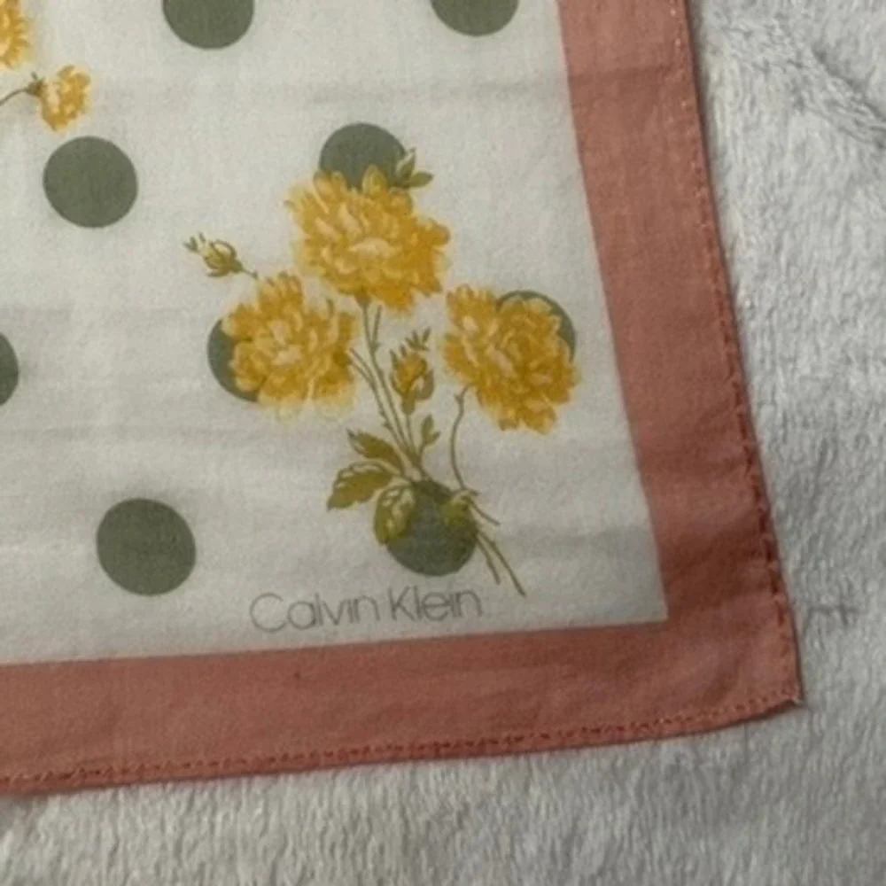 Vtg CALVIN KLEIN Scarf Handkerchief Floral Polka Dot Pink White Yellow 18